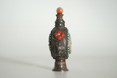 A Chinese Mongolian style jade-inlaid silver flask and stopper, 19th C.