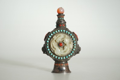 A Chinese Mongolian style jade-inlaid silver flask and stopper, 19th C.