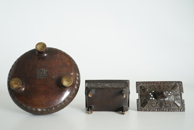 Two Chinese bronze incense burners, one with cover, 19/20th C.