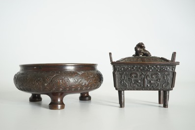 Two Chinese bronze incense burners, one with cover, 19/20th C.