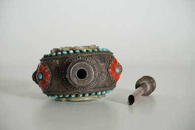 A Chinese Mongolian style jade-inlaid silver flask and stopper, 19th C.