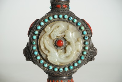 A Chinese Mongolian style jade-inlaid silver flask and stopper, 19th C.