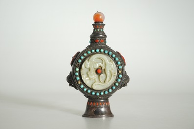 A Chinese Mongolian style jade-inlaid silver flask and stopper, 19th C.