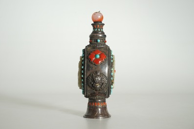 A Chinese Mongolian style jade-inlaid silver flask and stopper, 19th C.