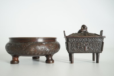 Two Chinese bronze incense burners, one with cover, 19/20th C.