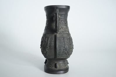 A Chinese archaistic bronze two-handled hu vase, 19th C.