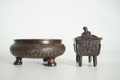 Two Chinese bronze incense burners, one with cover, 19/20th C.