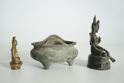 A Chinese Xuande mark bronze censer, a bronze model of Tara and a gilt copper alloy figure, Ming and later