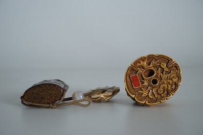 A Japanese laquer inro with ivory netsuke and agate ojime, and a Buddhist lion netsuke, Meiji/Taisho