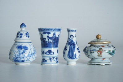 Four Chinese blue and white and famille verte miniature vases, Kangxi and later