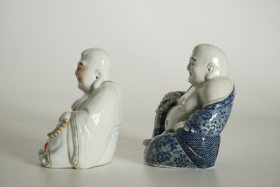 Two Chinese blue and white and polychrome figures of Buddha, marked, 19/20th C.