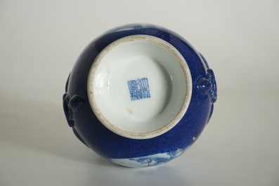 A Chinese blue and white hu powder blue-ground vase with landscape medallions, Qianlong mark, 19/20th C.