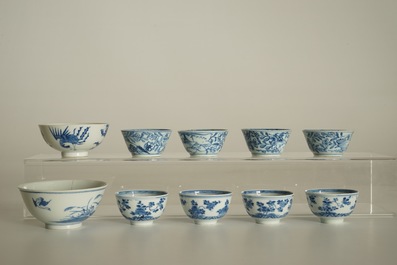 Eight Chinese blue and white cups and saucers and two bowls, Kangxi and later