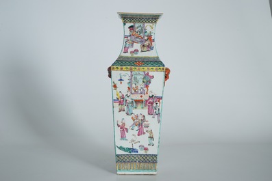 A square Chinese famille rose vase with court scenes, 19th C.