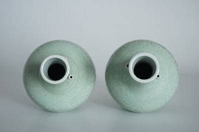 A pair of Chinese incised celadon-glazed arrowhead vases, 19th C.