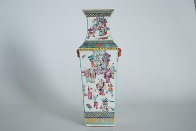 A square Chinese famille rose vase with court scenes, 19th C.