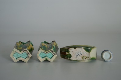 A pair of spinach and egg lozenge-shaped vases, a verte biscuit model of a boat and a miniature vase, Kangxi