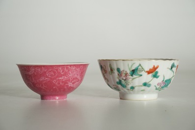 Three Chinese famille rose cups, two saucers and a seal paste box, 19/20th C.