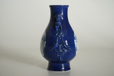 A Chinese blue and white hu powder blue-ground vase with landscape medallions, Qianlong mark, 19/20th C.