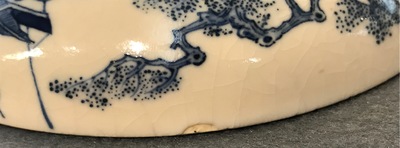 A round Chinese blue and white soft paste box and cover, Kangxi mark, 19th C.