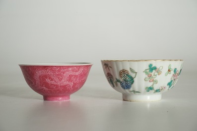 Three Chinese famille rose cups, two saucers and a seal paste box, 19/20th C.