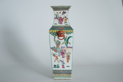 A square Chinese famille rose vase with court scenes, 19th C.