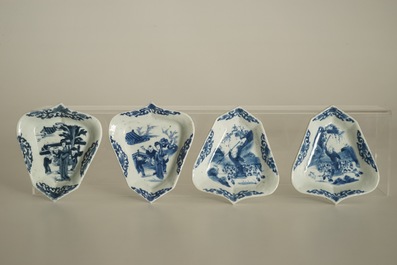 A Chinese blue and white sweetmeat or rice table set with figural design, Kangxi