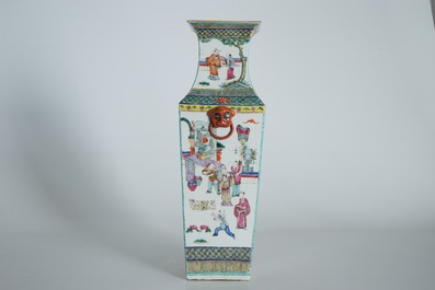 A square Chinese famille rose vase with court scenes, 19th C.