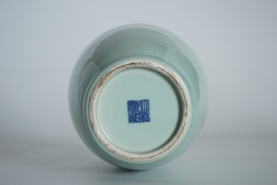 A Chinese monochrome celadon vase, Qianlong mark, 19/20th C.