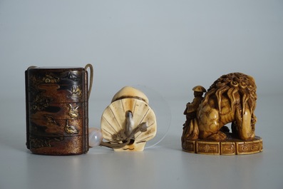 A Japanese laquer inro with ivory netsuke and agate ojime, and a Buddhist lion netsuke, Meiji/Taisho