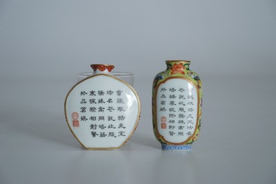 Twee Chinese famille rose snuifflessen, Qianlong merken, 19/20e eeuw
