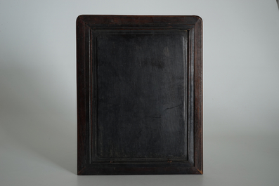 A Chinese qianjiang cai plaque in inlaid wooden frame, probably the workshop of Wang Qi, 20th C.