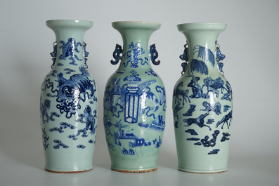 Drie grote Chinese vazen met blauwwit decor op celadon fondkleur, 19e eeuw