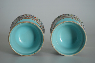 A pair of Chinese famille rose candlesticks, Jaiqing mark, 19/20th C.