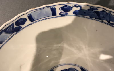 A Chinese blue and white moulded lotus-shaped bowl, Xuande mark, Kangxi