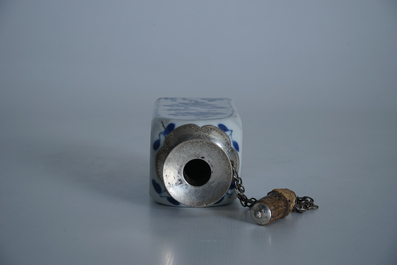 A square Chinese blue and white silver-mounted flask, Kangxi