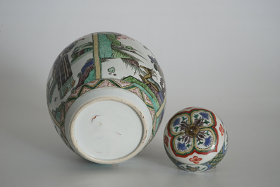 A Chinese famille verte Kangxi-style jar and cover, 19th C.