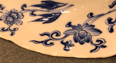 Two Chinese blue and white lobed plates with a phoenix and monkeys, Kangxi