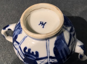 A Chinese blue and white Long Eliza teapot, Yu mark, Kangxi