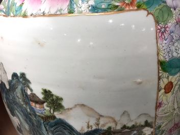 A large pair of Chinese famille rose millefleurs vases with landscape panels, Qianlong mark, 19th C.