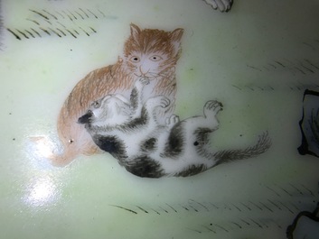 Une petite plaque encadr&eacute;e en porcelaine de Chine famille rose aux chats jouants, 19/20&egrave;me