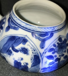 A Chinese blue and white teapot with figurative and floral panels, Kangxi