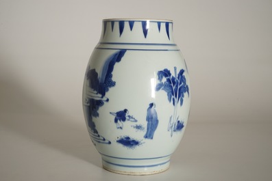 A Chinese blue and white olive-shaped vase with figures, Chongzhen, Transitional period