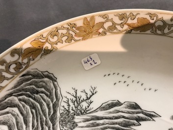 Un bol et une assiette en porcelaine de Chine grisaille &agrave; d&eacute;cor de buffles, Yongzheng