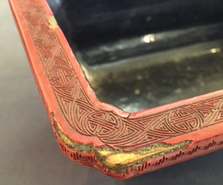 A Chinese rectangular cinnabar lacquer jardiniere, 18/19th C.