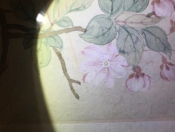 Deux peintures figurant un paysage et un oiseau sur branche, Chine, 18/19&egrave;me