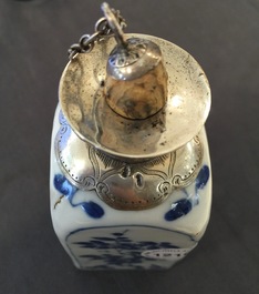 A square Chinese blue and white silver-mounted flask, Kangxi
