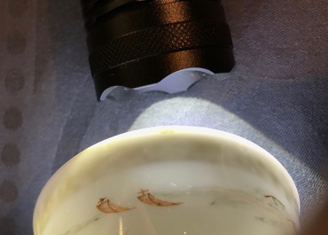 Une tasse et soucoupe en porcelaine de Chine &agrave; d&eacute;cor d'un paysage, Yongzheng