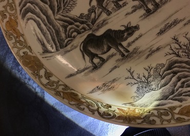 A Chinese grisaille bowl and plate with buffalos, Yongzheng