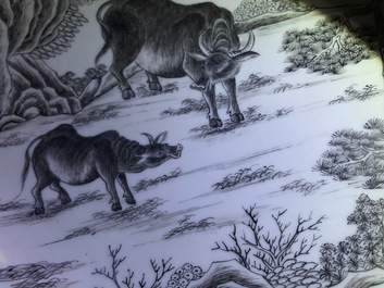 Een Chinese grisaille kom en bord met buffels, Yongzheng